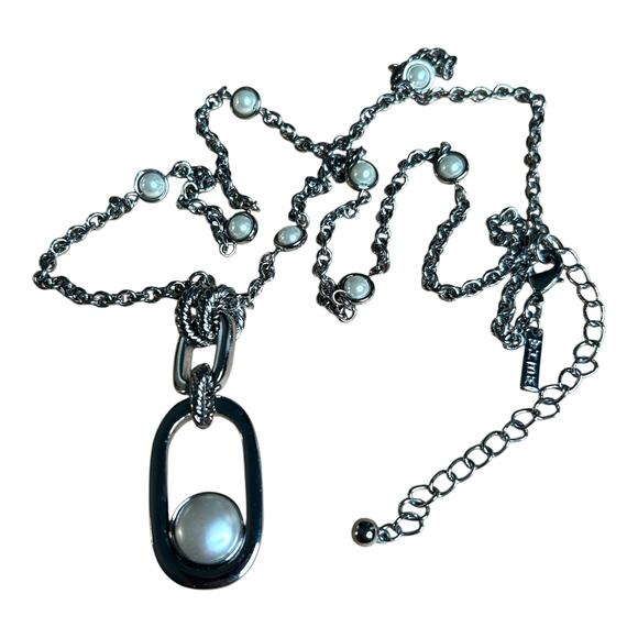 White House Black Market WHBM Silver Tone Long Necklace Reversible Pendant - Picture 1 of 5